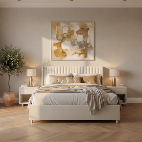 Image of APRODZ Queen Size Bed | Upholstered Platform Bed Frame with Velvet Tufted Headboard & Wooden Slat Support | Bed Queen Size Without Storage | No Box Spring Required | Black Wooden Legs Beige Fabric