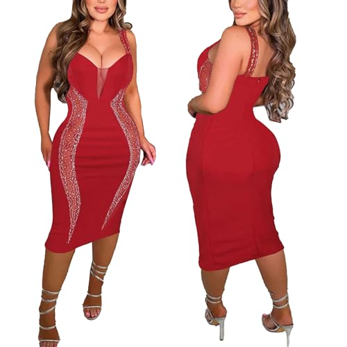 Image of PORRCEY Women's Sexy Elegant Rhinestone Bodycon Dress Hot Drilling Clubwear
