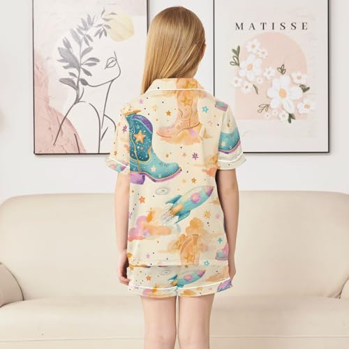Satin Pajama Sets Short Sleeve Cowboy Boots with Stars Rockets Button Down Silky Nightwear 2 Piece PJS 5-14Y4