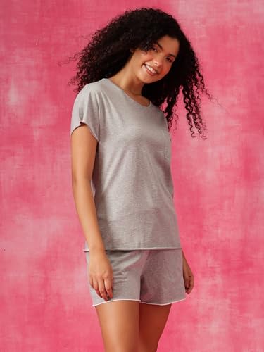Image of Clovia Women's Grey Cotton T-Shirt & Shorts