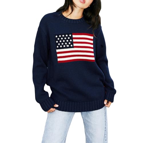 Image of Womens American Flag Sweater Long Sleeve Crew Neck Star Graphic Knit Pullover Tops Casual Loose USA Sweater