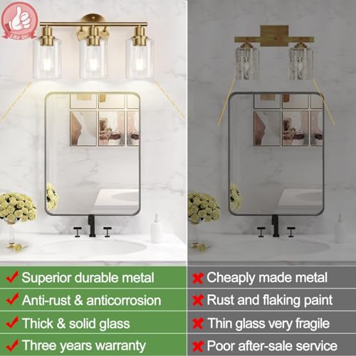 Image of Zarbitta 3-Light Bathroom Light Fixtures, Brushed Brass Bathroom Wall Lights with Clear Glass Shade, Modern Bathroom Wall Lamp for Mirror Kitchen Living Room Hallway Cabinet
