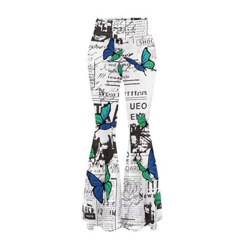 SYtrade Green Butterfly Newspaper Grey Bell Bottom Pants for Women Elastic Waist Flare Yoga Pants