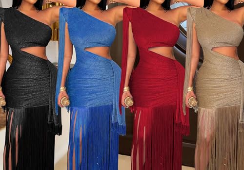 Image of Women's Sexy One Shoulder Fringe Dress Sleeveless Cut Out Bodycon Birthday Party Tassel Maxi Dresses