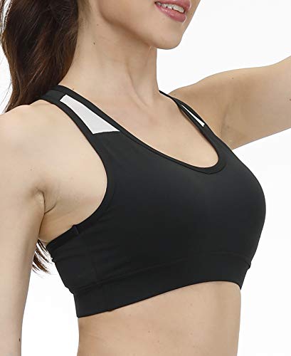 Women\'s Racerback Sports Bras Activewear Bra with Removable Pads Workout Gym Medium Impact Bra,Swimsuit Top 3 Pack Black Grey Blue Size Large - Thumbnail 3