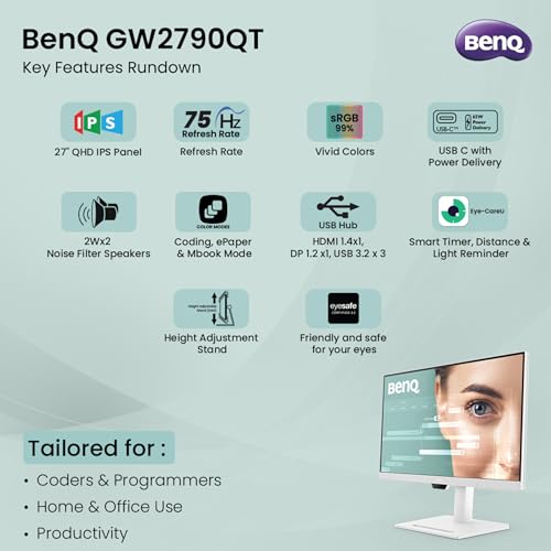 BenQ GW2790QT 27" IPS 2k QHD Monitor| USB-C (65W PD)| Coding Mode| 99%sRGB|Daisy Chain| Height Adjust| 75Hz| Eye Safe Certified| Brightness... - Image 3