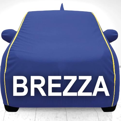 Image of 100% Waterproof Car Cover for Brezza UV Protection, Dustproof, Windproof | Custom Fit with Mirror Pockets, Belt & Buckle | All Weather Outdoor Body Cover (Blue, Brezza)