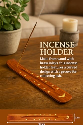 Image of Pure Source India Wooden 10 inch Incense Stick Holder with Brass Moon & Star Inlay Design (Set of 2)- Handmade Agarbatti Stand for Home, Puja, and Meditation