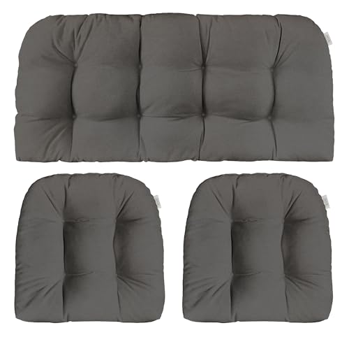 RSH DECOR Outdura 3-Piece Tufted Wicker Cushion Set | 41" x 19" & 19" x 19" | Crafted with Outdura Performance Fabric | Outdoor Loveseat & U-Shaped Seat Cushions | Zinc Charcoal Grey - Made in USA