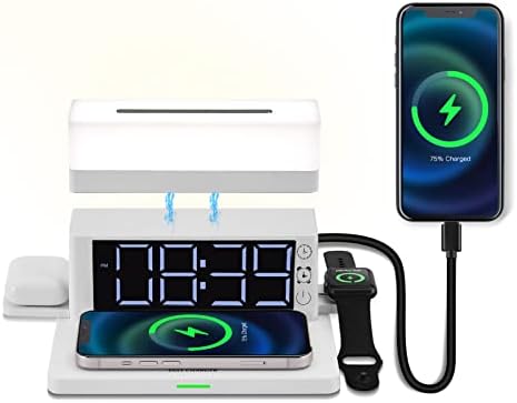 5 in 1 Wireless Charging Station,LED Desk Lamp with 15W Max Wireless Charge Compatible with iphone/iWatch/Airpods,LED Clock with Charging Block for Multiple Devices,Table Lamp/Night Light for Bedroom