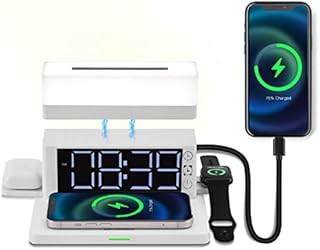 5 in 1 Wireless Charging Station,LED Desk Lamp with 15W Max Wireless Charge Compatible with iphone/iWatch/Airpods,LED Clock with Charging Block for Multiple Devices,Table Lamp/Night Light for Bedroom