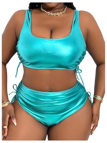 OYOANGLE Women's Plus Size Metallic Scoop Neck Bikini Set Drawstring Ruched Swimsuit Beachwear