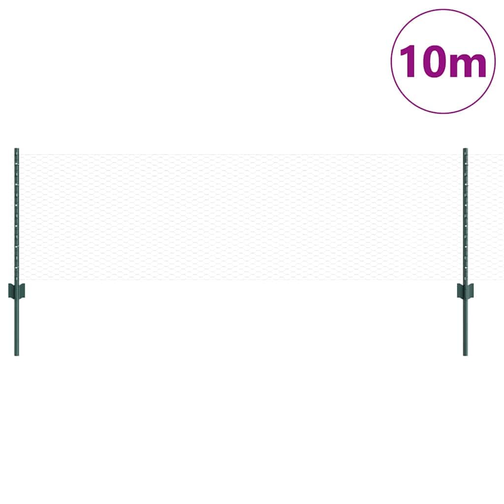 Gartenzaun Grün mit Pfosten, 10m x 60cm Sechseckgeflecht aus Stahl und PVC, Maschendrahtzaun Set mit 5 Pfosten und Zubehör für Garten, Terrasse und Tiergehege