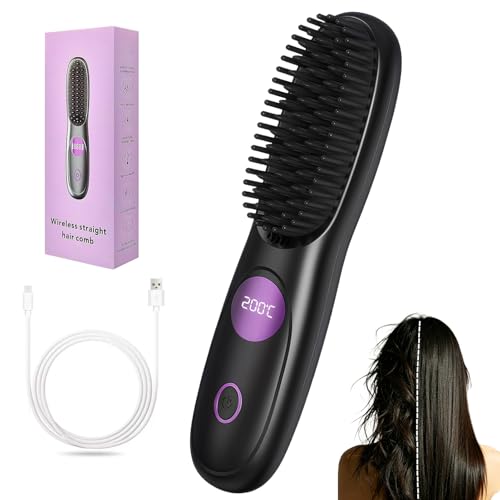 Brosse Lissante Sans Fil, Brosse Chauffante pour Cheveux Court et Long, Peigne Chauffant Portable avec 3 Niveaux de Température, Lisseur Cheveux Ionique...