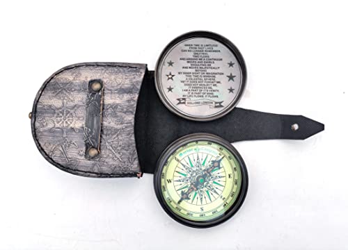 Brújula de bolsillo náutica de latón antiguo con estuche de cuero miniatura 5