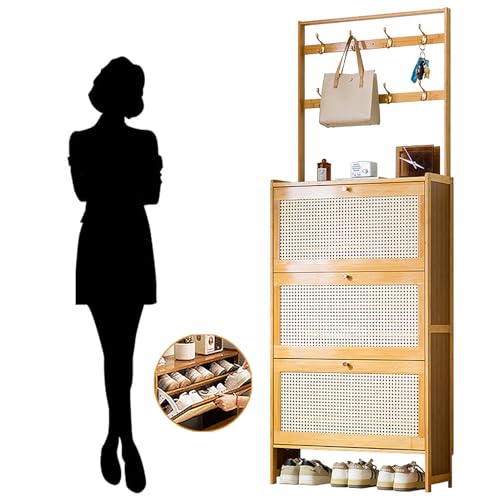 Scarpiera sottile in bambù con 3 cassetti pieghevoli, 70 cm, elegante design rattan, soluzione salvaspazio per la casa, elegante tagliascarpe con ante