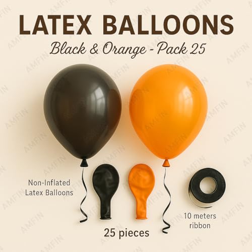Image of AMFIN (Pack of 25) Halloween Party Balloons | Orange, Black Latex Balloons | Spooky Party Decorations for Birthday, Halloween, Events & Celebrations