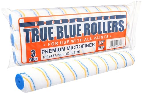 True Blue 18' Professional Paint Roller Covers, 18 Inch, Best for All Types of Painting Surfaces, Refill Bulk Pack (3, 1/2' Nap)
