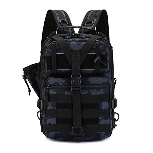 QBSM Fishing Tackle Backpack Outdoor Storage Box Bag Large Shoulder Fishing Gear Backpack Cross Body Sling Bag with Rod Holder (Black camo)