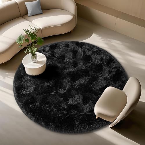 Black Round Rugs for Bedroom 4x4 ft - Ultra Soft Faux Fur Area Rug - Plush Non-Slip Shaggy Carpet for Living Room, Cozy Fluffy Rug for Kids Boys Girls Dorm Nursery Room, High Pile Floor Carpet