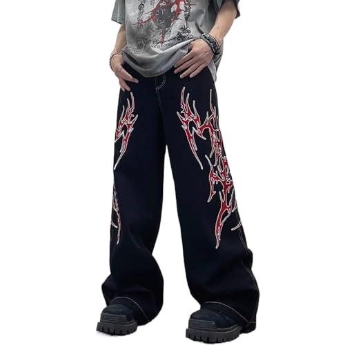 Y2K Retro high Street Flame Printed Wide Leg Jeans Hip-hop Loose Straight Leg Pants for Men and Women
