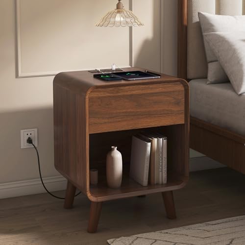 Image of Nasonet Mid Century Modern Small Nightstands Set of 2 with Charging Station, Curved Nightstand with Drawer Wood End Table Bedside Table for Bedroom, Walnut