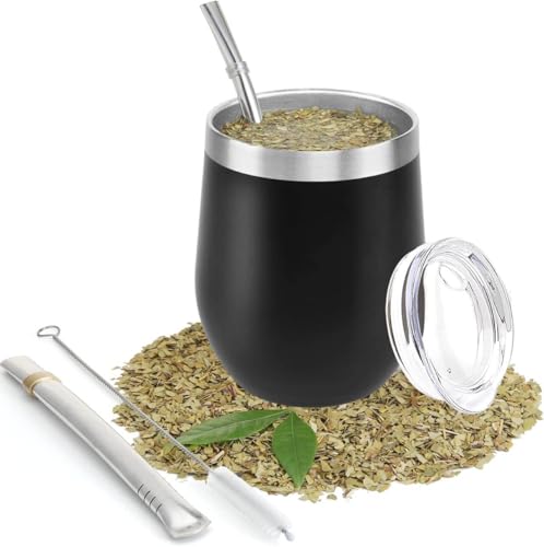 SZKKQKJ Taza de té mate de doble pared de acero inoxidable resistente al calor con tapa sin BPA, dos pajitas y cepillo de limpieza (negro，360ml)