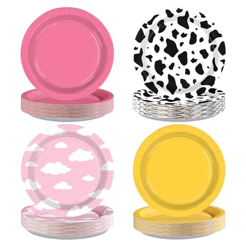 Image of 60Pcs Toy Paper Plates 7 inch Pink Yellow Cow Cloud Heavy Duty Paper Plates | Toy Cartoon Theme Disposable Dessert Cake Platters for Girls Baby Shower Birthday Party Supplies