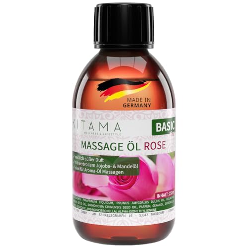 Kitama Massageöl Rose 250ml - süßer Duft nach Damaszener Rosen für pflegende Massage zuhause & in der Massagepraxis - Aroma-Öl - Thai Massage-Öl, made in Germany