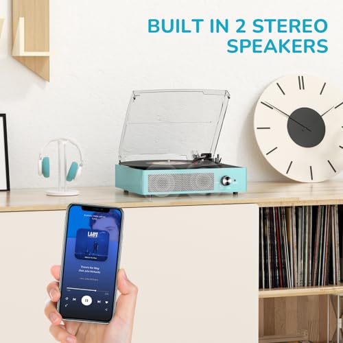 Image of Vinyl Record Player with 2 Stereo Speakers Belt-Driven Vintage Turntables 3 Speed 3 Size Wireless Bluetooth Playback AUX-in RCA Out Headphone LP Vinyl Players Auto Stop Sky Blue