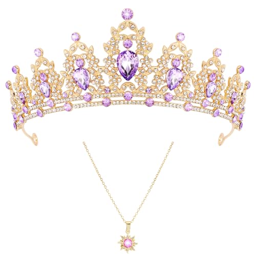Vovii Princess Purple Crown and Necklace Set for Women Rapunzel Costume Princess Tiara for Adult Halloween Accessories Party Dress Prom Gifts