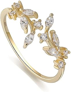 Meissa Sterling Silver Ring for Women Wrap Around Olive Leaf Branch Ring Adjustable Handmade Ring Paved Cubic Zirconia Stone Stackable Open Rings (Gold)
