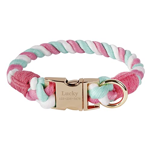 Personalized Dog Collar Custom Engraved Pet Name Number Soft Braided Cotton Rope Collars and Leash for Smal and Medium Boy Girl Dogs (Rose Pink)
