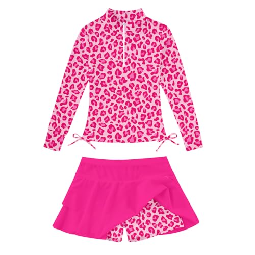 Image of Vogseek 3-12T Girls Swimsuit Long Sleeve Rashguard Bathing Suits Swim Set | Quick Dry, UPF 50+ Sun Protection, Swimming Skirt, Boyshorts, Zipper Two Piece Long Sleeve Swimsuits, Adjustable Drawstring