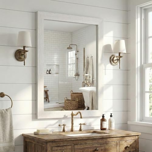 FurniXpress 24"x36" Farmhouse Wall Mirror for Mantle & Bathroom, Distressed White Wood Texture, Coastal Rustic Vanity Mirror for Horizontal/Vertical Decor, Vintage Style by FurniXpress - Image 4