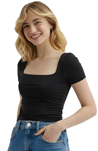 Image of SIGHTBOMB SOFTLINE SQUARE NECK DOUBLE LAYER SHORT SLEEVE MICROFIBER CUDDLE TEE AFFORD LUX EDITION FEATHER TOUCH TOP FOR WOMEN