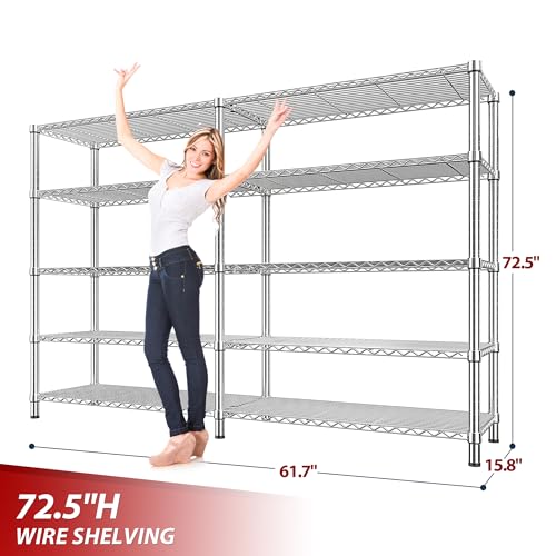 Image of REIBII 1500LBS Storage Shelves 61.7''W Wire Shelving Unit 5 Tier Metal Shelving for Storage Rack Shelves Heavy Duty Garage Shelf Pantry Shelves Kitchen Shelving, 61.7 inch W*72.4 inch H*15.8 inch D, Chrome
