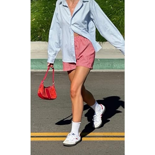 Image of GGOOB Gingham Boxer Shorts for Women Trendy Summer Y2k Low Rise Lounge Shorts Coquette Pajama Shorts Preppy Clothes (Red Gingham,S,Small)