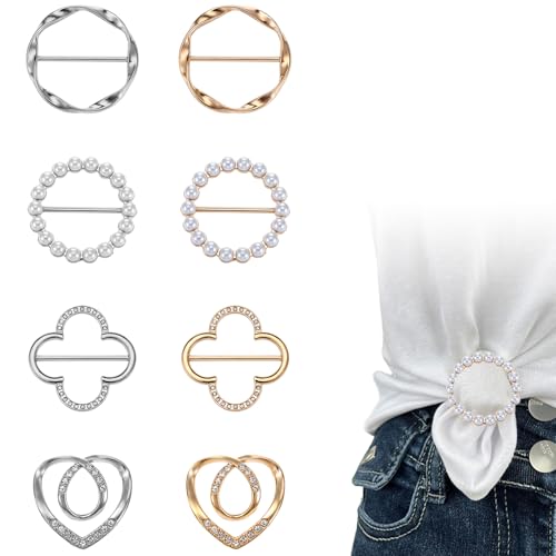 Image of ElevateTech 8pcs Silk Scarf Ring Clip T-shirt Tie Clips for Women Fashion Clothes Corner Knotted Button for Women Fashion Metal Round Circle Shirt Clip Buckle Waist Cincher Clips Tightener