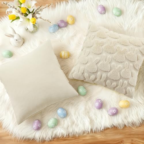 Image of decorUhome Easter Bunny Pillow Covers 16x16 Inch Set of 2, Soft Plush Faux Wool Jacquard Beige Rabbit Cushion Covers, Farmhouse Neutral Spring Easter Holiday Decor for Couch Sofa Bed