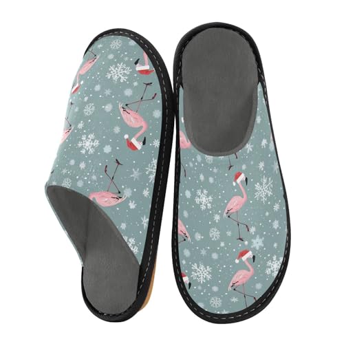 Slippers for Women Flamingos Santa Hats Pattern Soft Winter Warm Shoes Indoor Outdoor Non-Slip House Travel Slippers