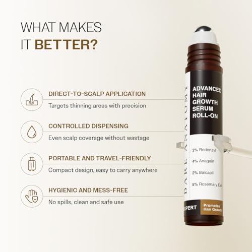 Image of Bare Anatomy Advanced Hair Growth Serum Roll-On| 3% Redensyl + 4% Anagain + 2% Baicapil + 5% Rosemary, Rice Water, Biotin & Saw Palmetto| Reduces Hair Fall, Supports Hair Growth for Men & Women | 25ml