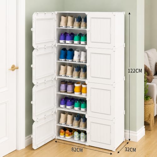 Image of Plastic Shoe Rack for Home with Door | 16 -Shelf DIY Shoe Cabinet Organiser | Stores 32 Pairs | Foldable & Waterproof Shoe Stand for Entryway, Bedroom (White, 16-Layer)