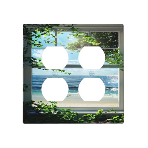 Decorative Outlet Covers Window Beach Seascape View Green Leaves 2 Gang Wall Plate Cover Double Duplex Receptacle Two Switch Light Switch Cover Plate Jumbo Dual Faceplate