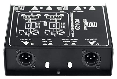 Pronomic PDI-20 passive Stereo-DI-Box - Frequenzbereich: 15 Hz - 30 kHz - Stereo/Mono-Schalter - Pad-Schalter - Ground-Lift - schwarz