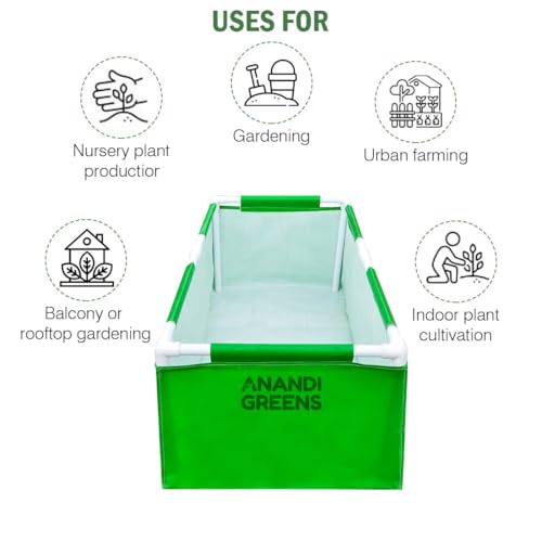 Image of Anandi Green's HDPE UV Protected 360 GSM Green Color Rectangular Plants Grow Bags Suitable for VegetableTerrace Gardening with PVC Pipe Support (3Lx1.5Wx1H Fit) Pack of 1