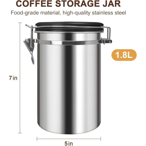Image of Container for Ground Coffee, Coffee Beans - Coffee Canister 1800 ml with Built in Valve Stainless Steel Airtight with Scoop, Storage for Beans, Grounds, Tea, Sugar (Set of 1)