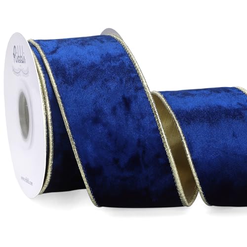 Ribbli Royal Blue Velvet Wired Ribbon 2.5 Inch Metallic Blue Gold Crushed Velvet Christmas Ribbon for Gift Wrapping Christmas Tree Decoration Crafts Wreaths Supplies-Continuous 10 Yards