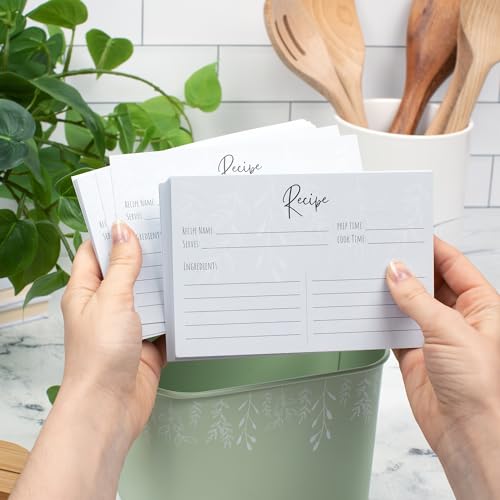 Recipe Box with Cards | Tin Recipe Card Box with [Set of 50] Recipe Cards 4x6 | Green and White Vine Design Recipe Cards and Box Set | Recipe Card Holder w/ Bamboo Lid | DIY Cookbook Recipe Holder - Thumbnail 4