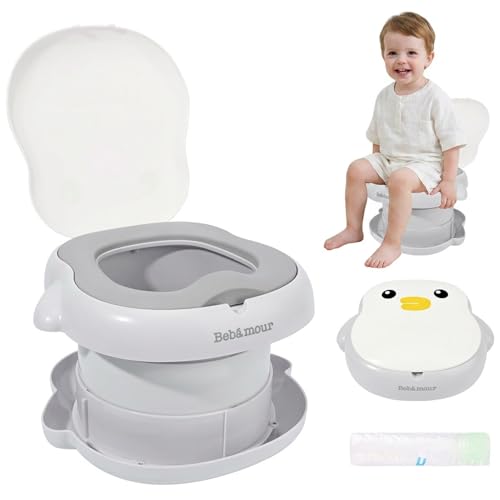 Bebamour Orinal de viaje para niños pequeños Asiento de inodoro plegable para niños Orinal de coche de formación portátil con 32PCS Potty forros, bolso de transporte Portty al aire libre,Penguins